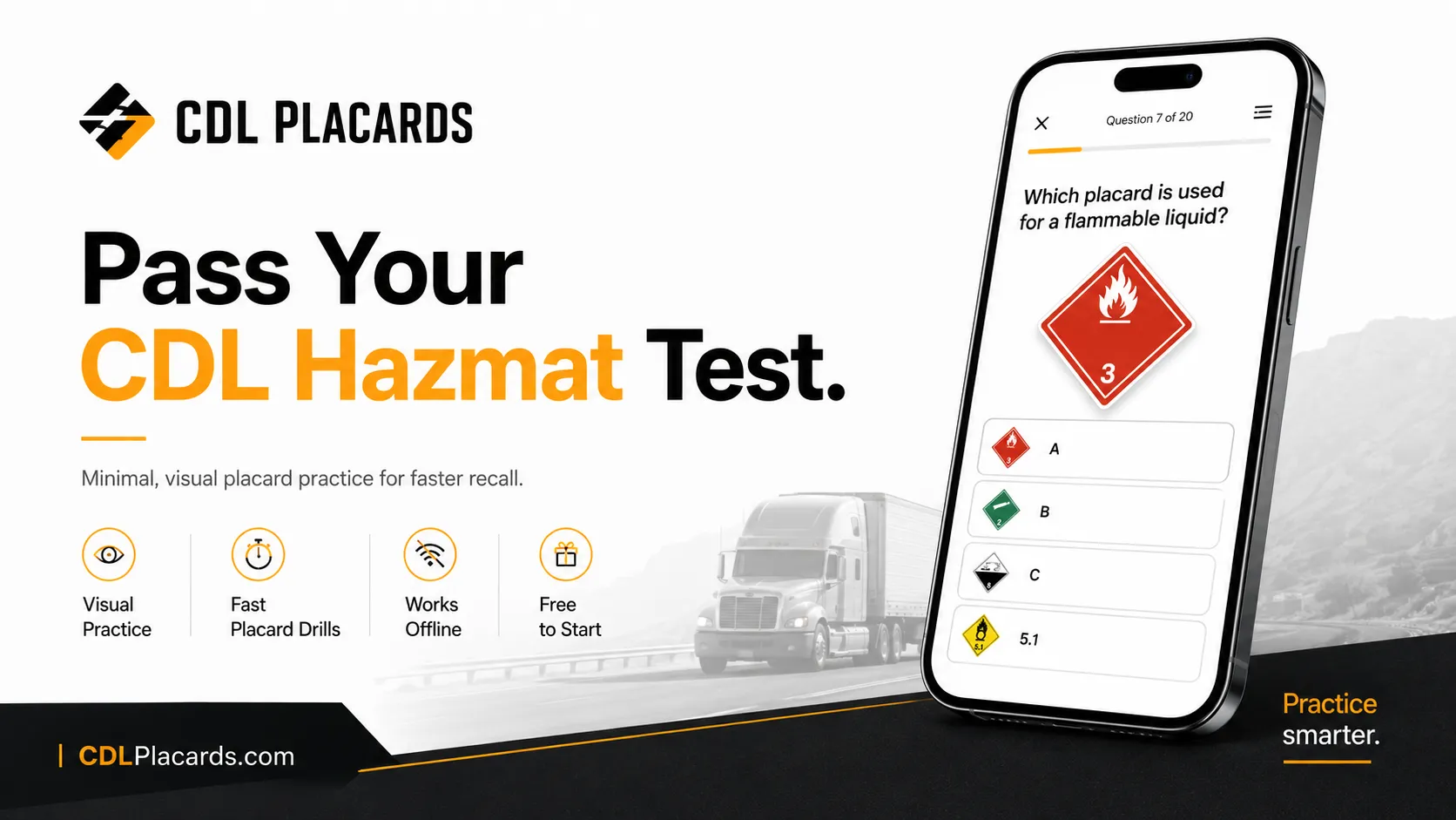 CDL Placards Hazmat placard practice: hazard class diamonds and a truck on the road